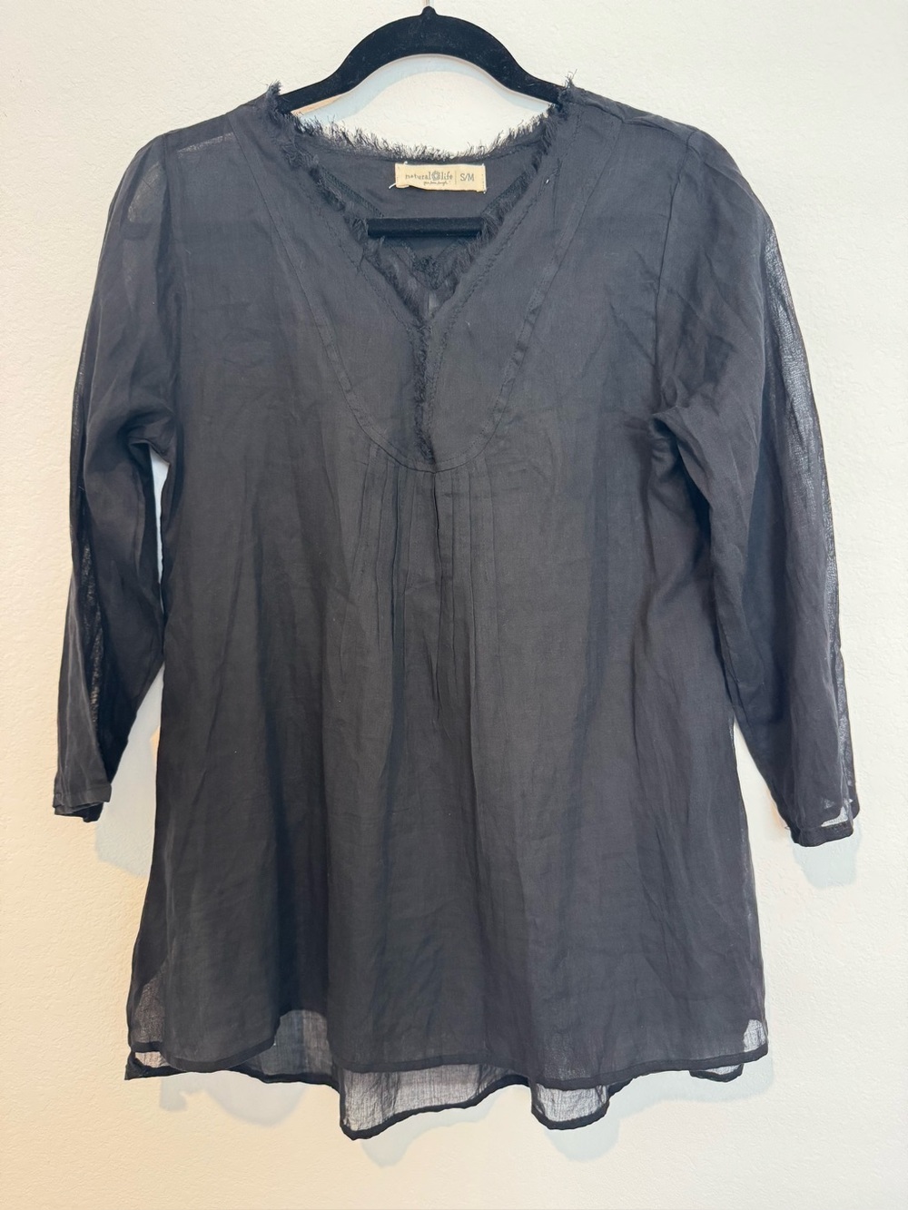 Natural Life Semi Sheer Black Frayed Trim V Neck Tunic 3/4 Sleeve Top